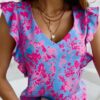 Top fluide bleu et rose col V