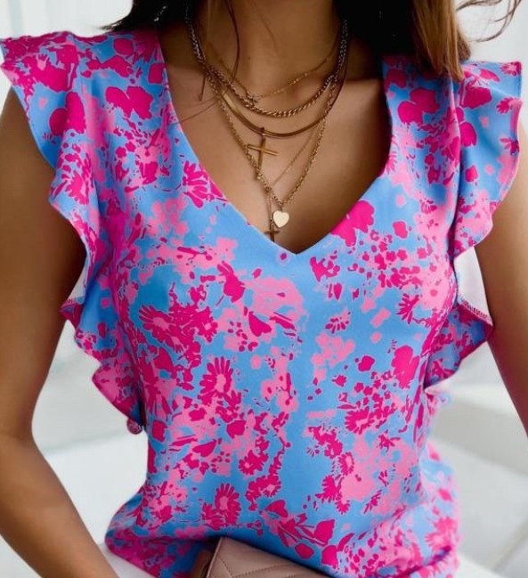 Top fluide bleu et rose col V