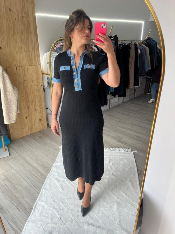 robe bleu Robe longue maille côtelée col V détails denim