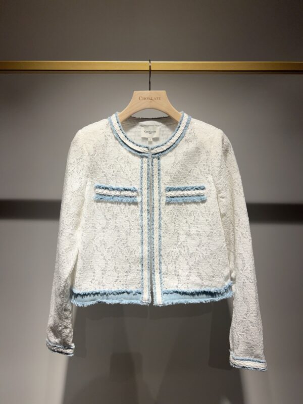 Veste courte dentelle a sequins empiècements denim